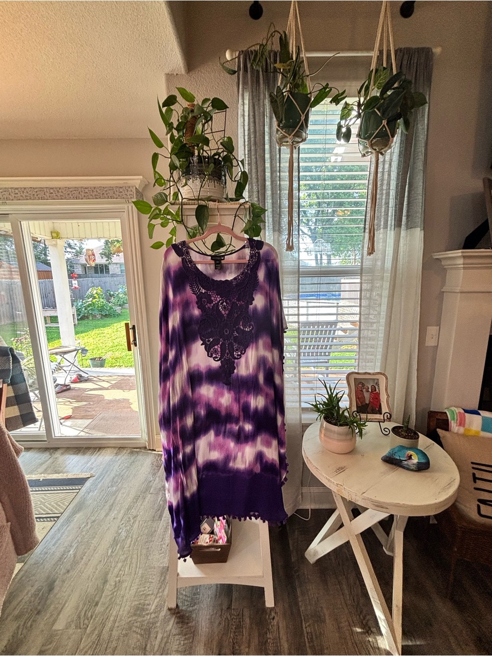 Antthony Purple and White Tie-Dye Crochet-Accent Midi Dress